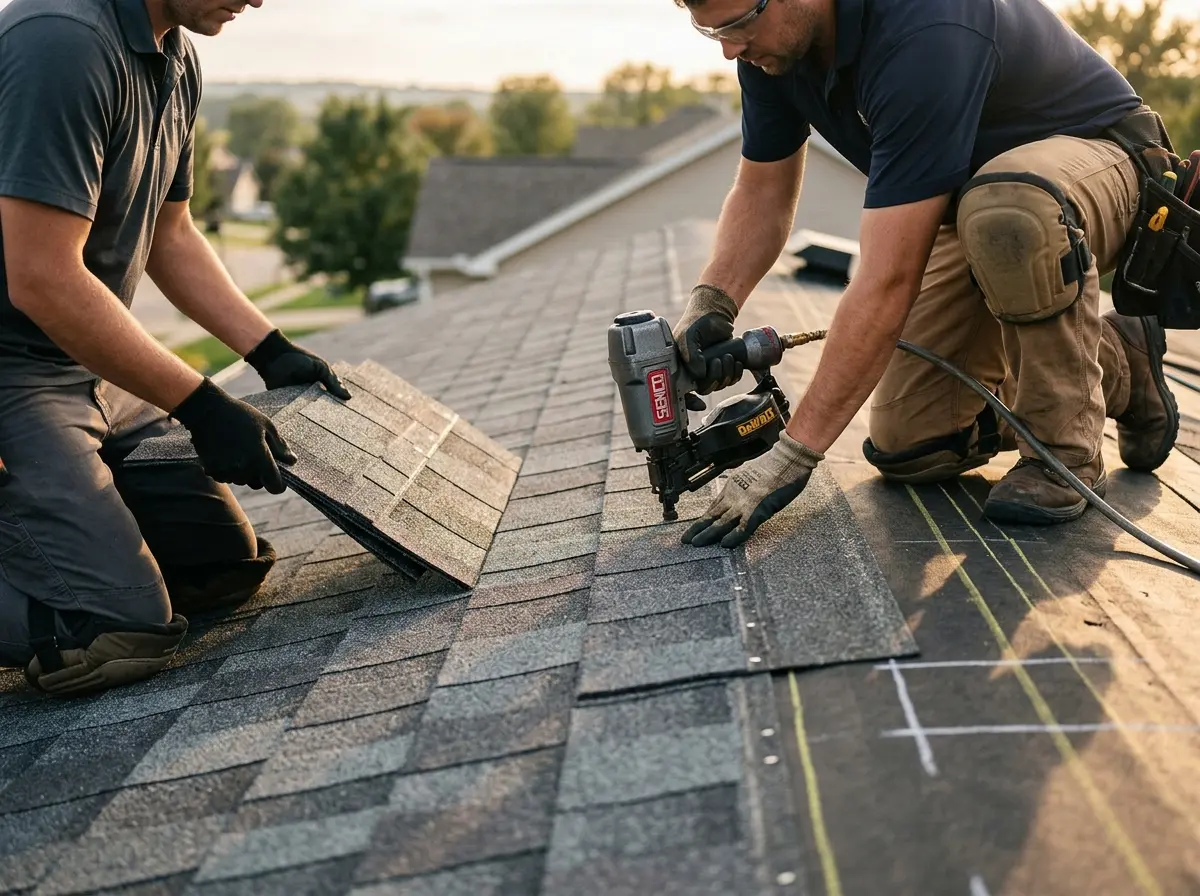 Professional roofer working on a residential roof in Vinton